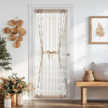 Taupe Embroidered Sheer Farmhouse Door Curtain