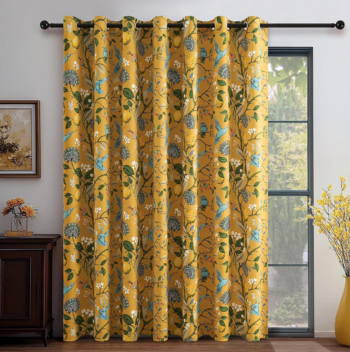 Mustard Yellow Hummingbird Grommet Blackout Patio Curtain