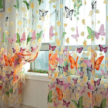 Butterfly Print Sheer Voile Rod Pocket Set